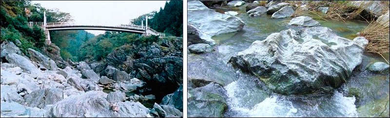 左：叢石橋 (そうせきばし)付近、右：三波石の業物 
